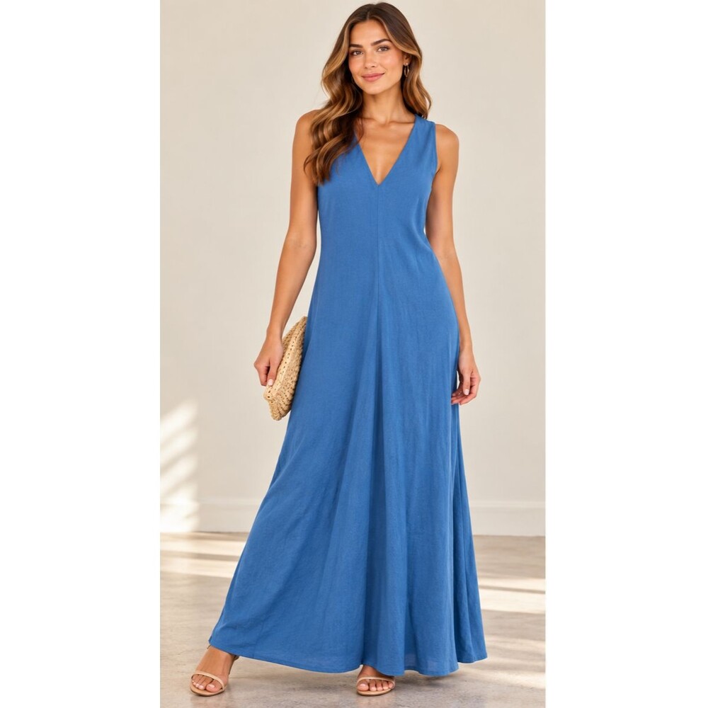 Abercrombie & Fitch Blue Sleeveless V-Neck Maxi Dress Size Small Long A-Line